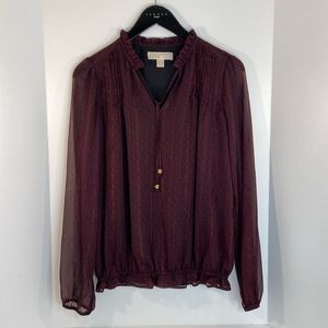MICHAEL KORS Wine Black W/Dots Ruffle Neck  Gathered Below Waist Top Size-S